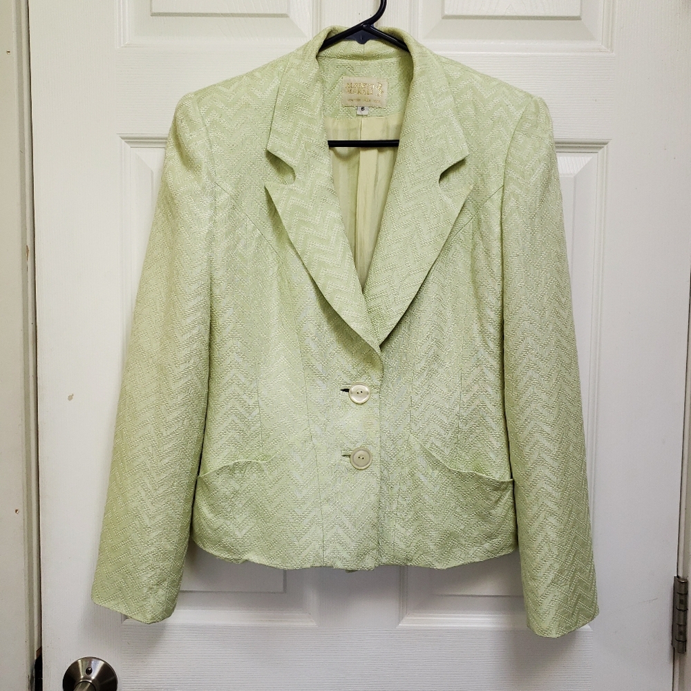 ALBERTO MAKALI Vintage Light Green Chevron Textured Lined Blazer Women's Size 6